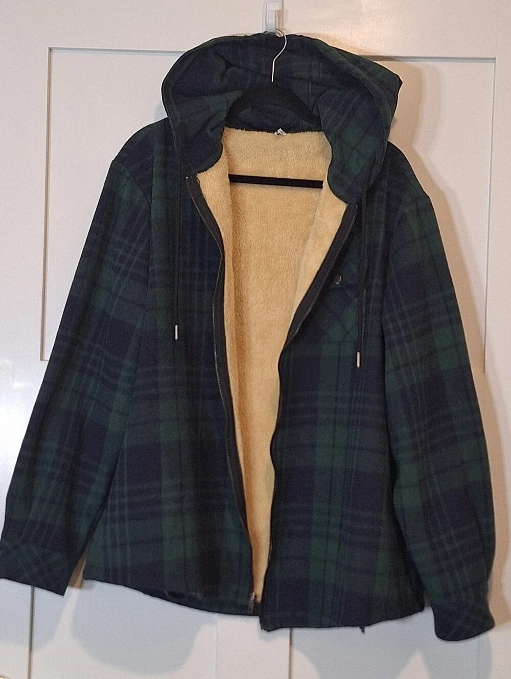 Coofandy Flannel Zip Up Hooded Jacket Sherpa Lined Green Navy Blue Plaid XL